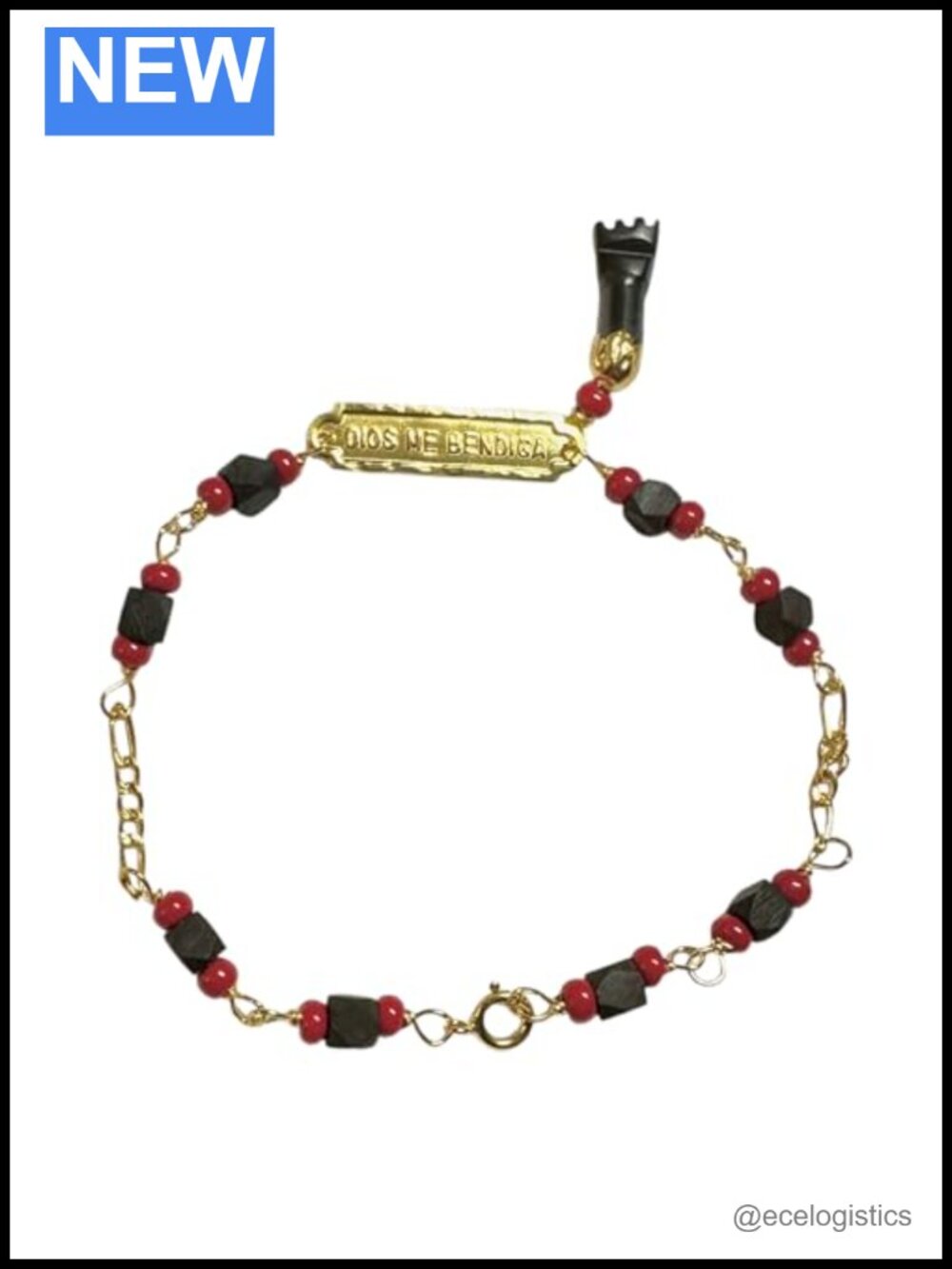 10K Yellow Gold Azabache Jet Mano Figa Baby Bracelet 6" Figaro Link